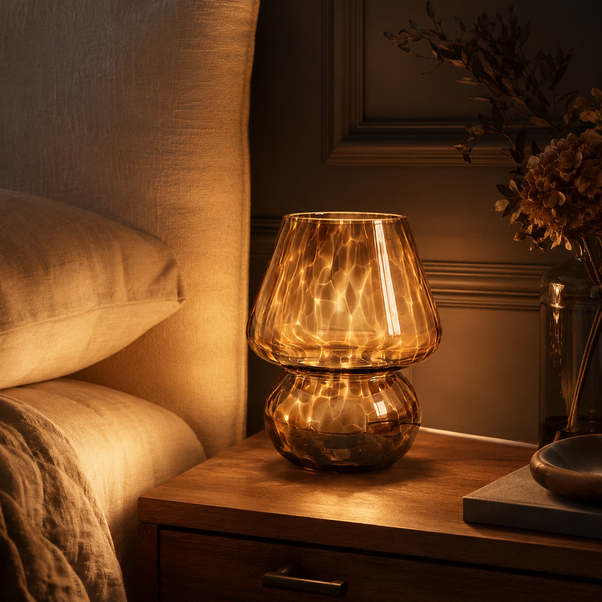 Amber Glass Mushroom Table Lamp - Tortoiseshell Bedside Lamp