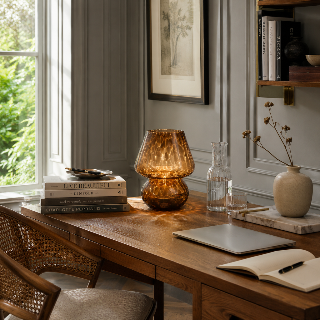 Amber Glass Mushroom Table Lamp - Tortoiseshell Bedside Lamp