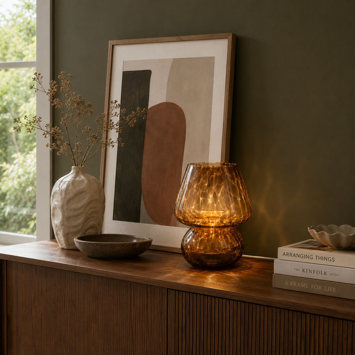 Amber Glass Mushroom Table Lamp - Tortoiseshell Bedside Lamp