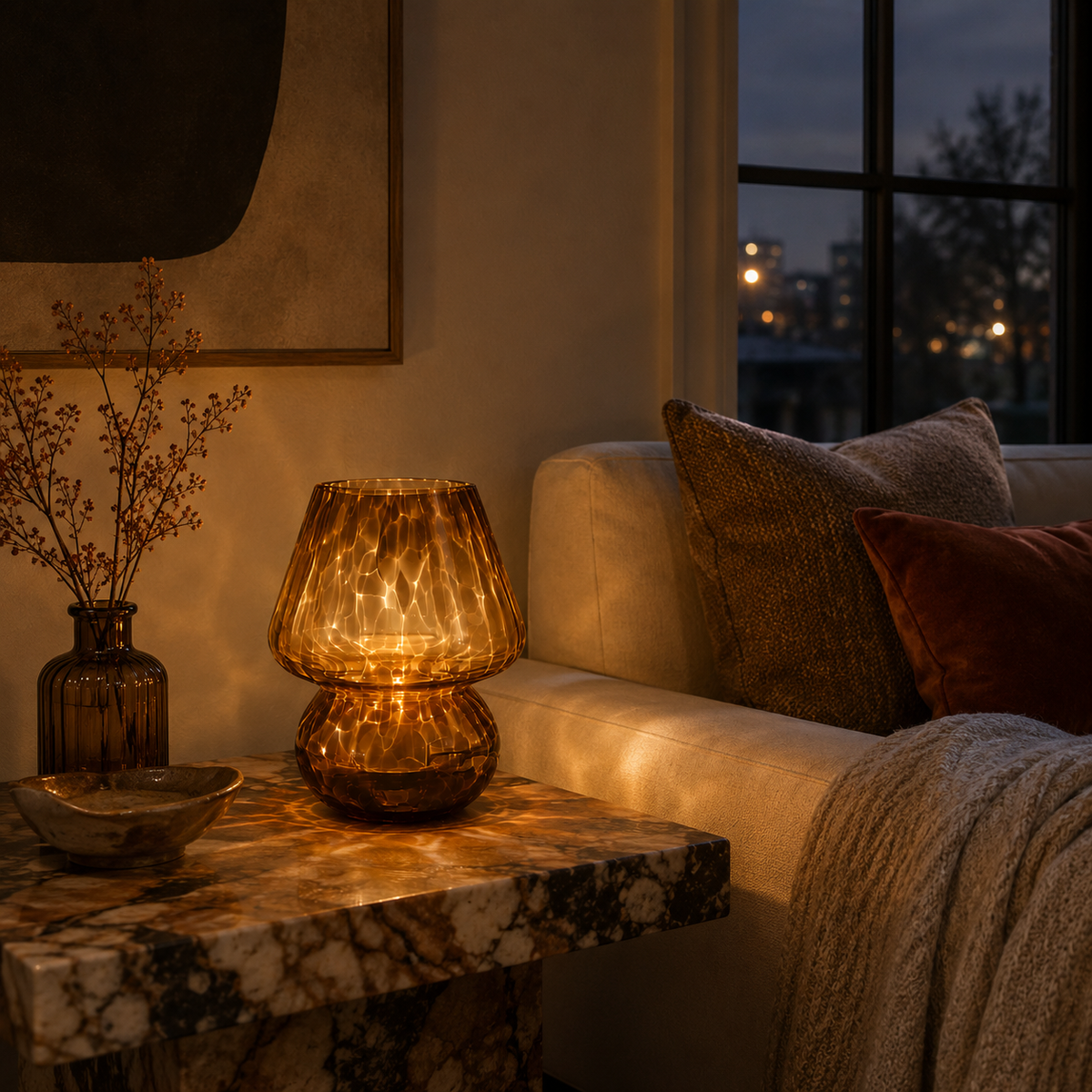 Amber Glass Mushroom Table Lamp - Tortoiseshell Bedside Lamp