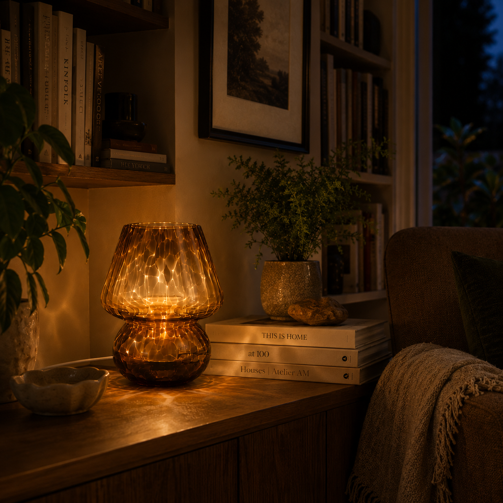 Amber Glass Mushroom Table Lamp - Tortoiseshell Bedside Lamp