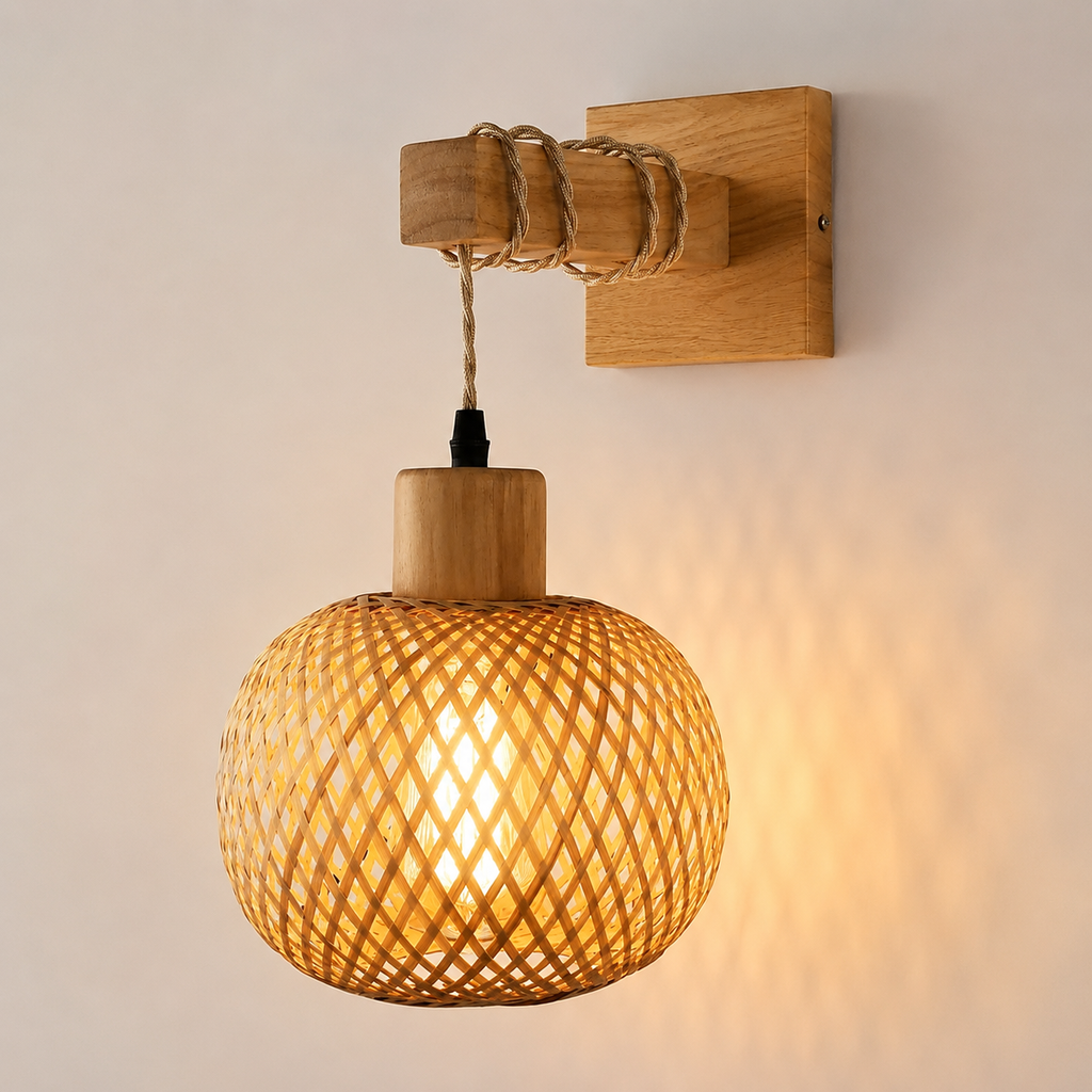 Bamboo Wall Light - Retro Woven Bedside Sconce
