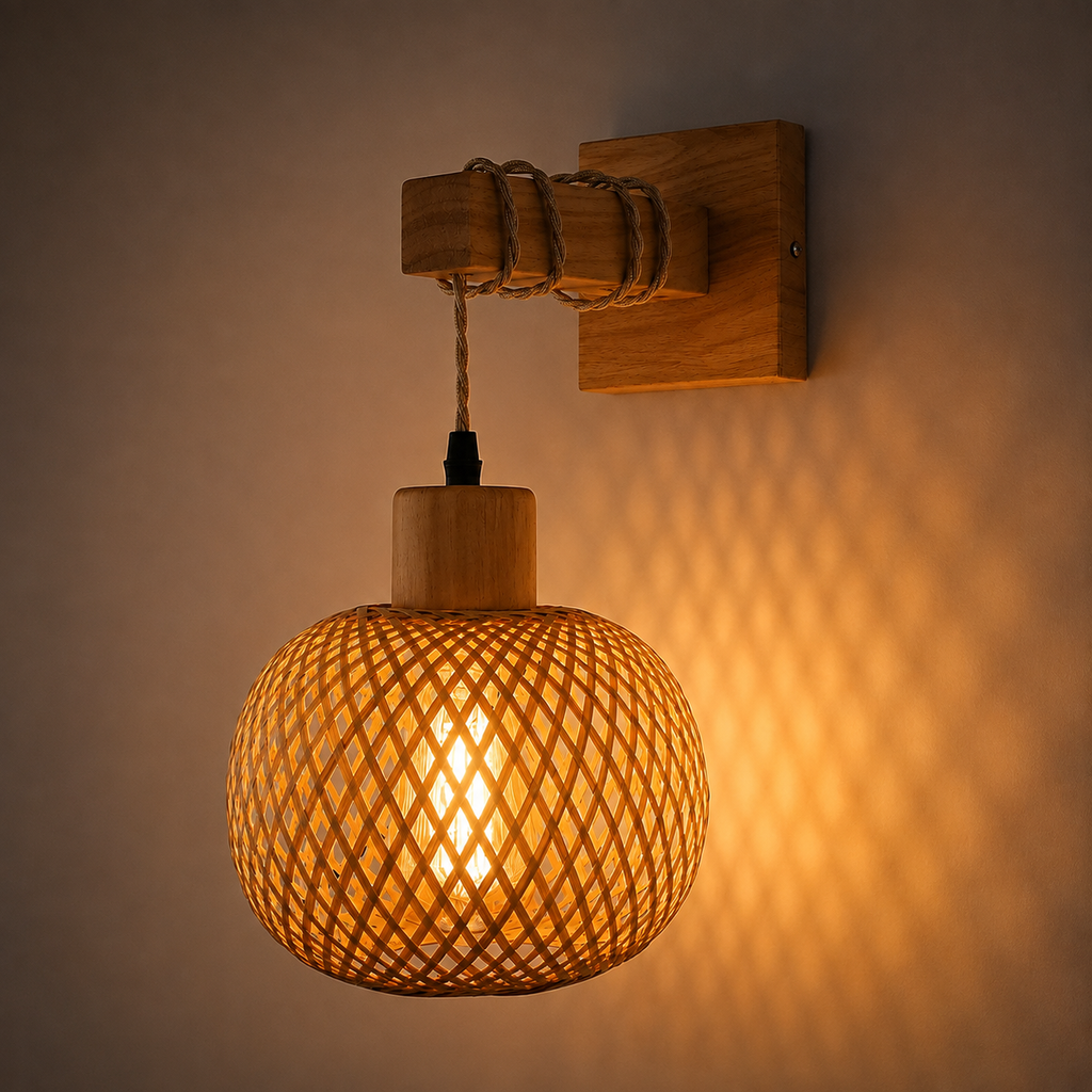 Bamboo Wall Light - Retro Woven Bedside Sconce