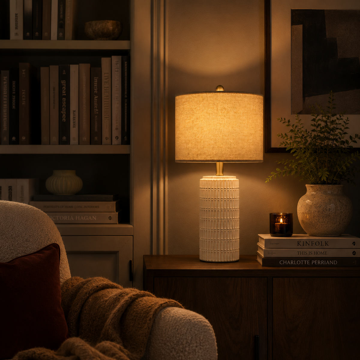 Set of 2 Ceramic Table Lamp - White Minimalist Bedside Lamp