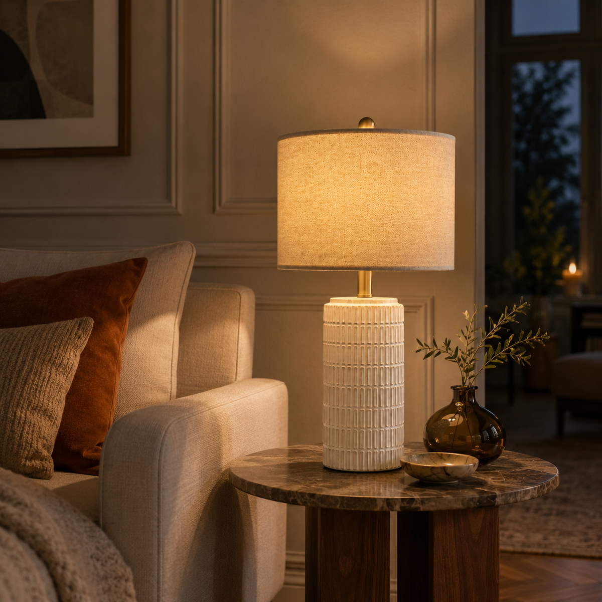 Set of 2 Ceramic Table Lamp - White Minimalist Bedside Lamp