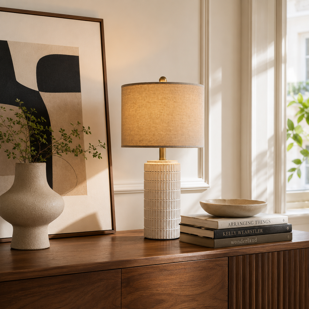 Set of 2 Ceramic Table Lamp - White Minimalist Bedside Lamp