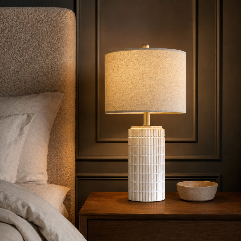 Set of 2 Ceramic Table Lamp - White Minimalist Bedside Lamp