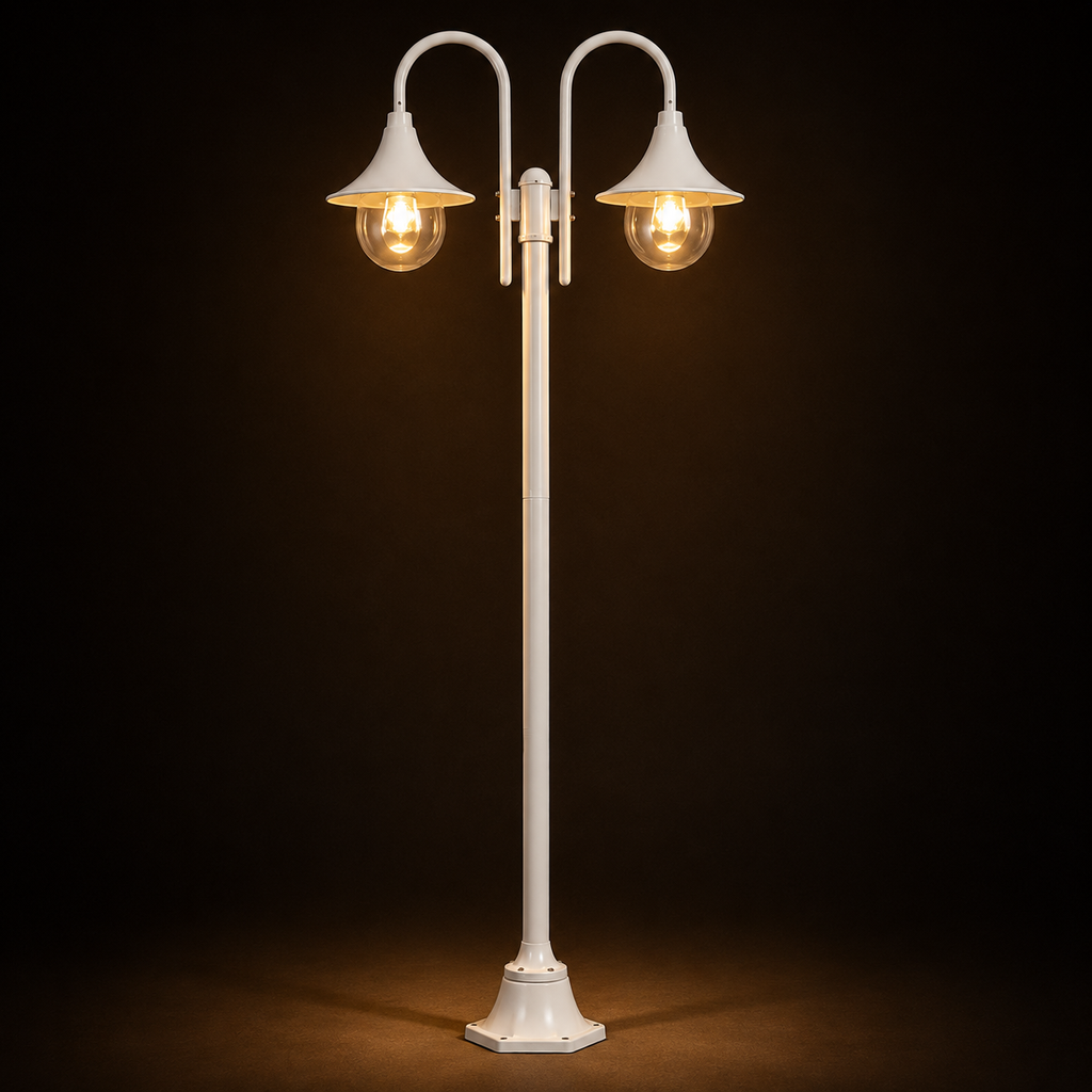 Garden Post Light - White Aluminium 2-Lantern Outdoor Lamp Post