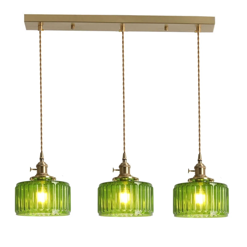 Ribbed Glass Pendant Light - 3-Light Linear Bar