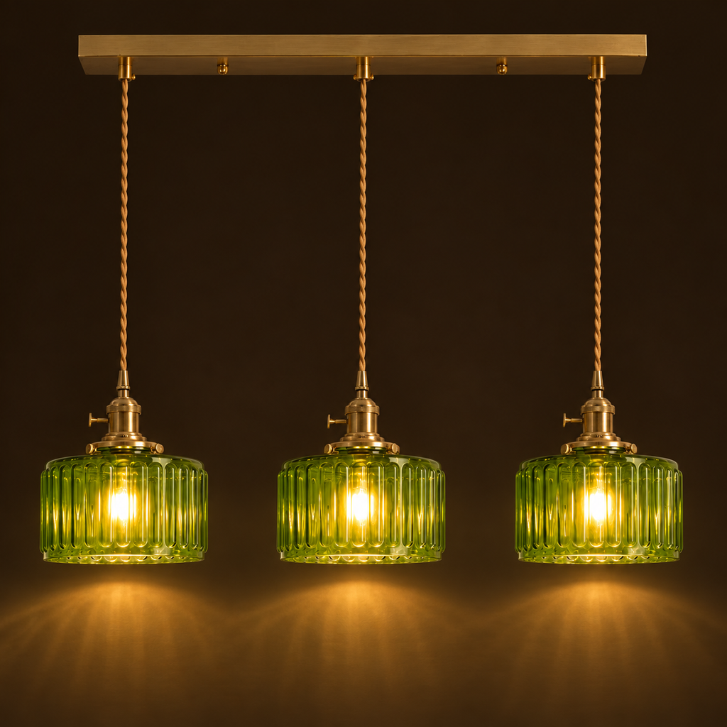 Ribbed Glass Pendant Light - 3-Light Linear Bar