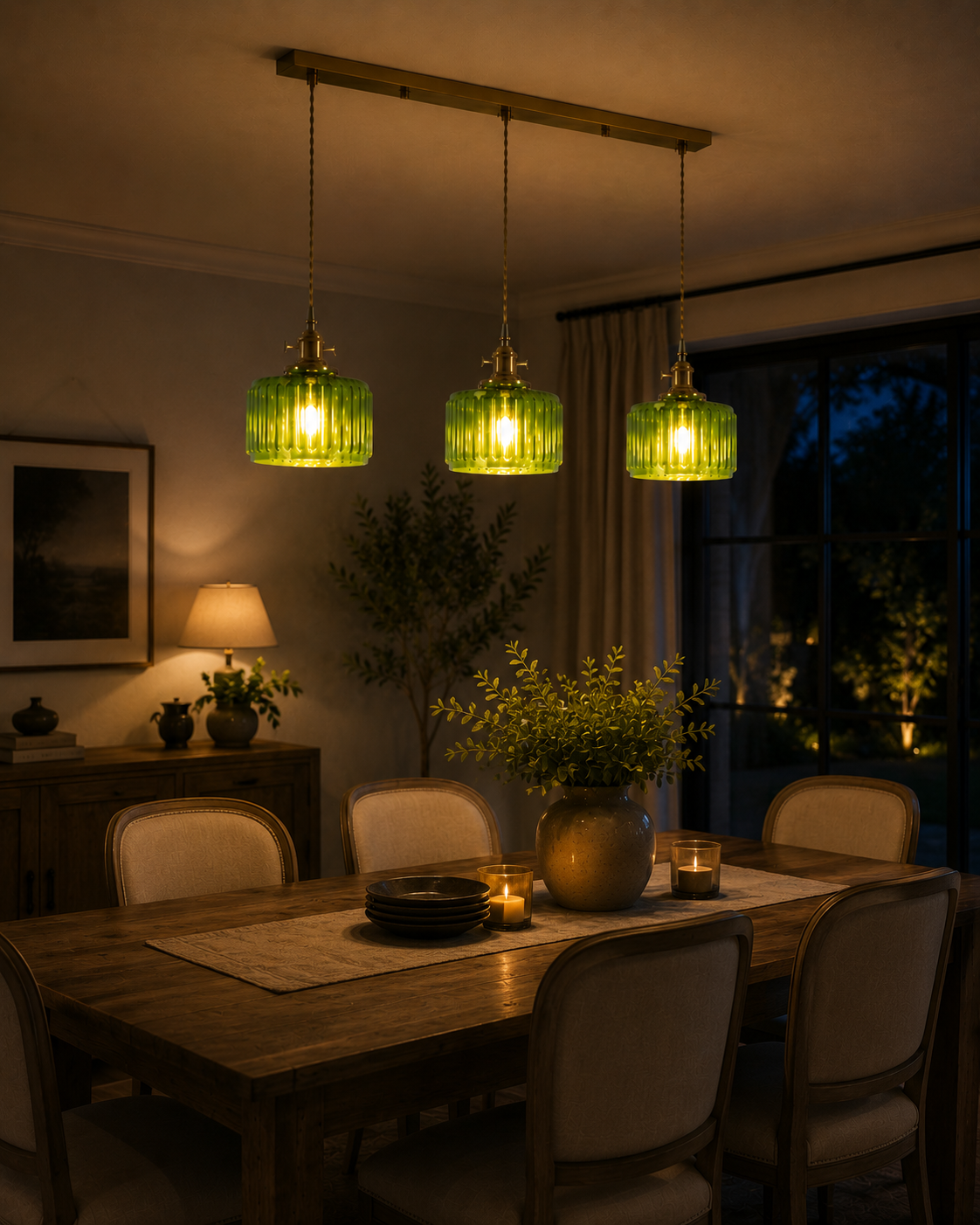 Ribbed Glass Pendant Light - 3-Light Linear Bar