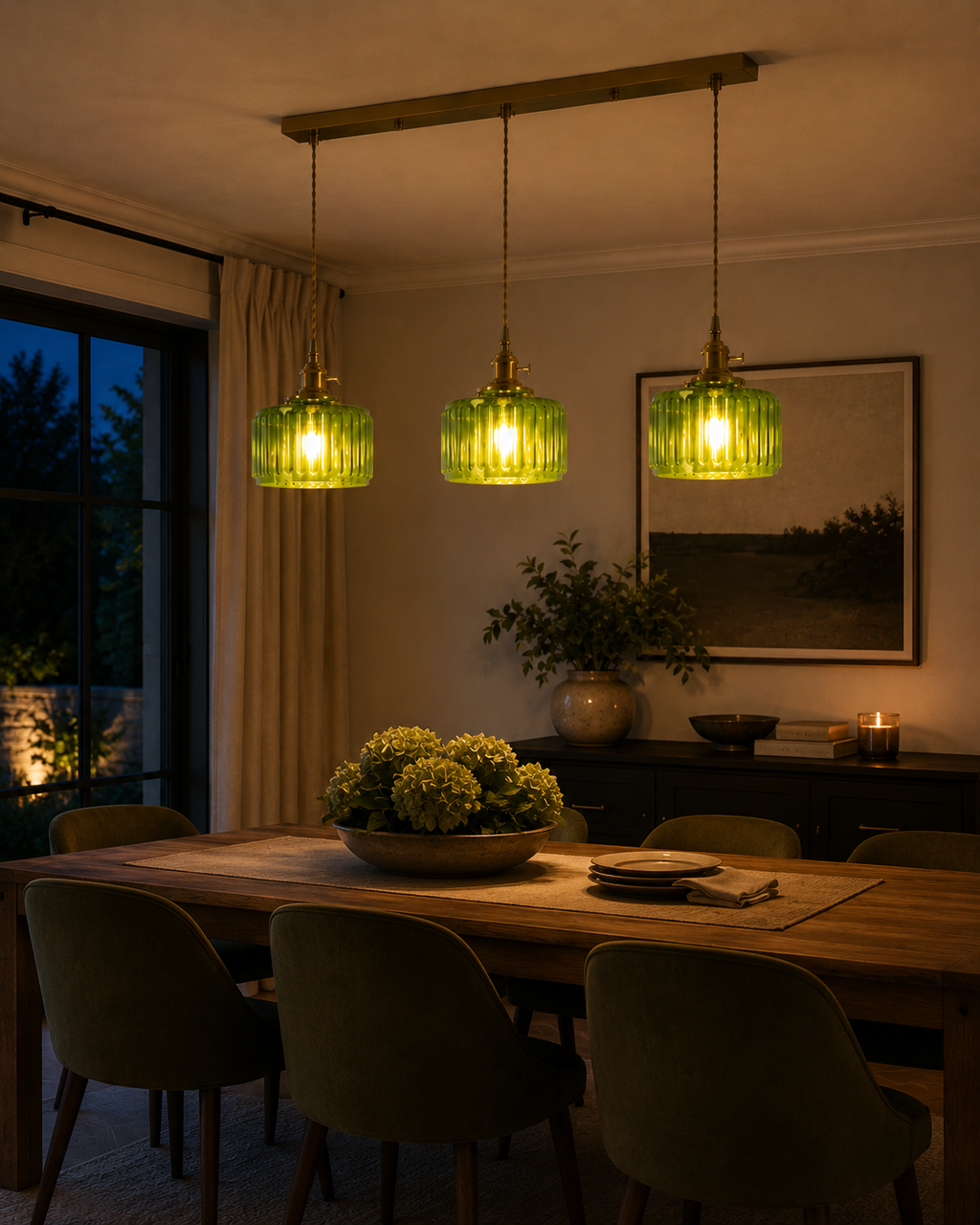 Ribbed Glass Pendant Light - 3-Light Linear Bar