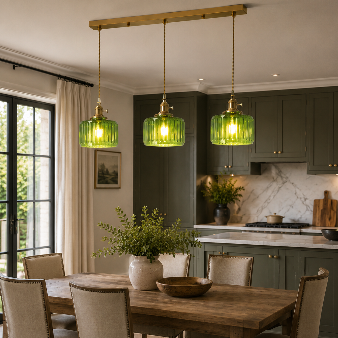 Ribbed Glass Pendant Light - 3-Light Linear Bar