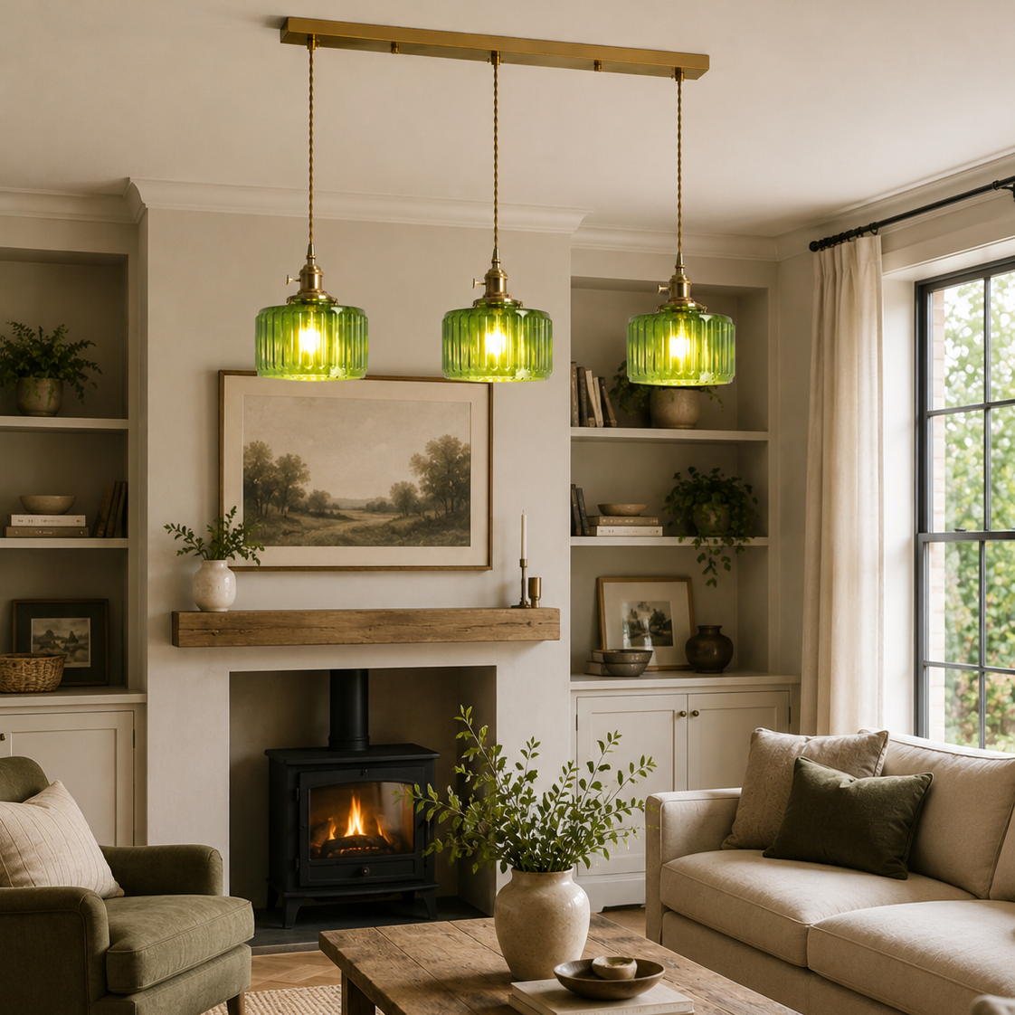 Ribbed Glass Pendant Light - 3-Light Linear Bar