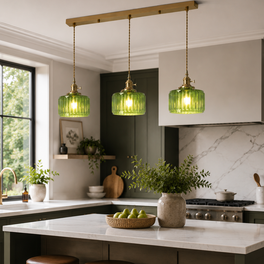 Ribbed Glass Pendant Light - 3-Light Linear Bar