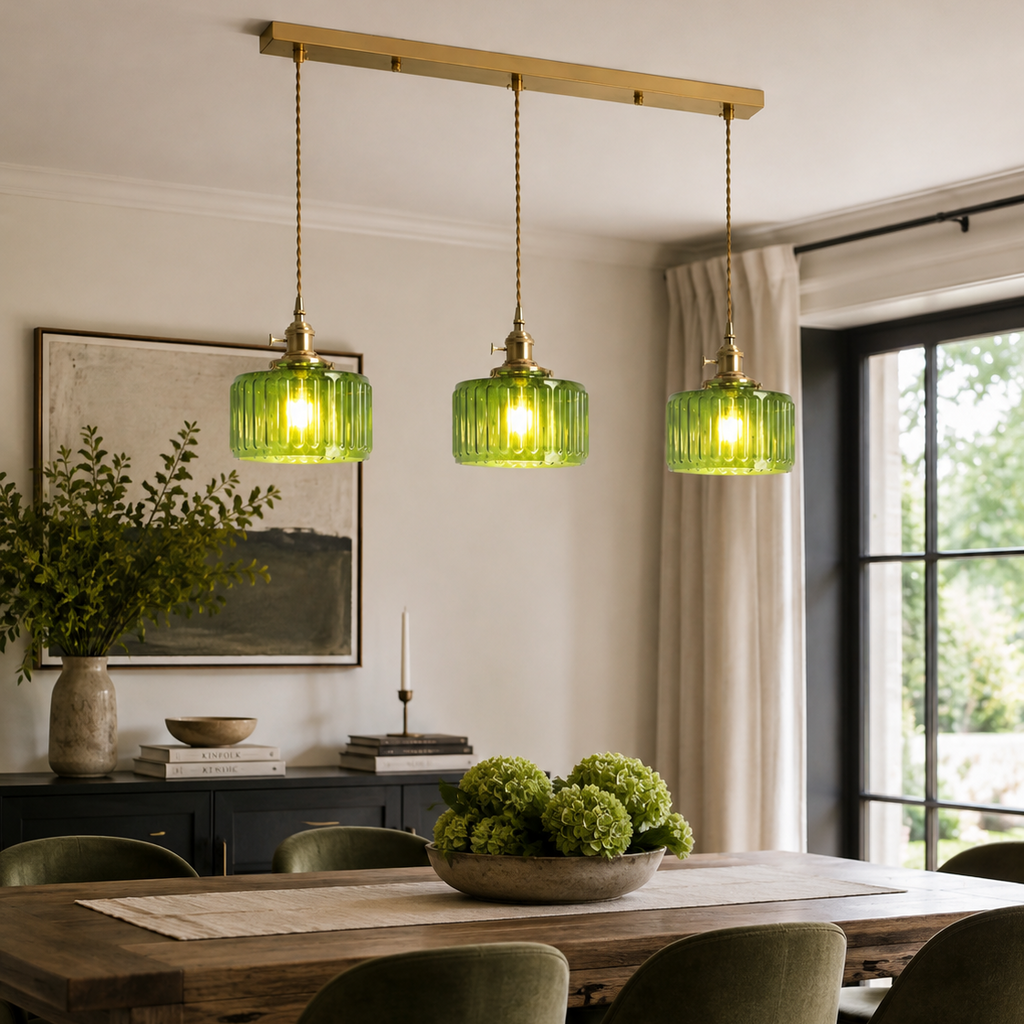 Ribbed Glass Pendant Light - 3-Light Linear Bar