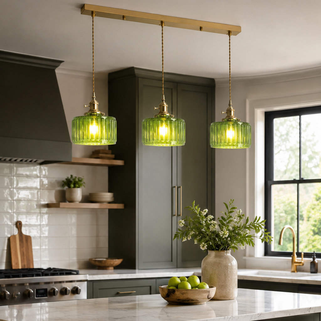 Ribbed Glass Pendant Light - 3-Light Linear Bar