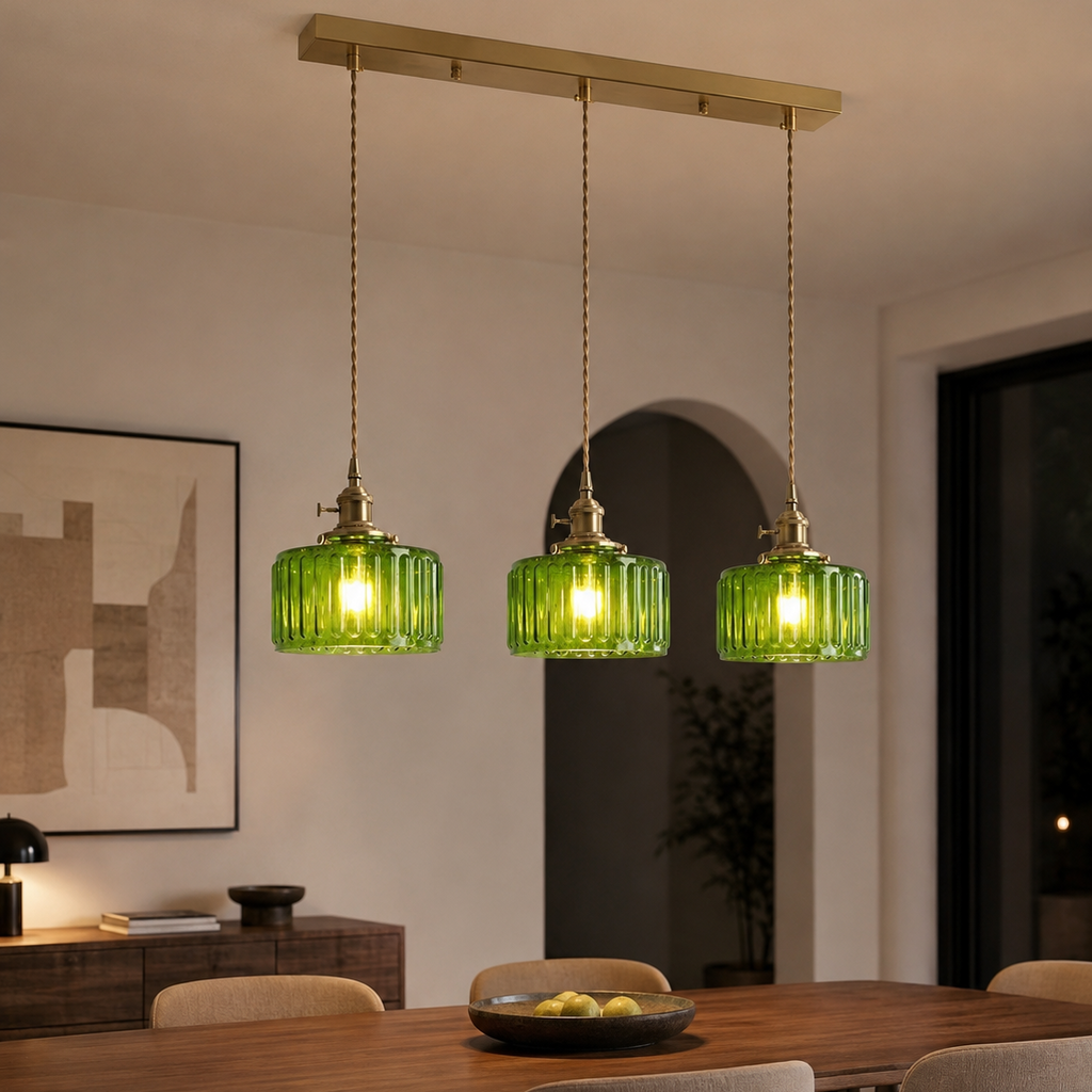 Ribbed Glass Pendant Light - 3-Light Linear Bar