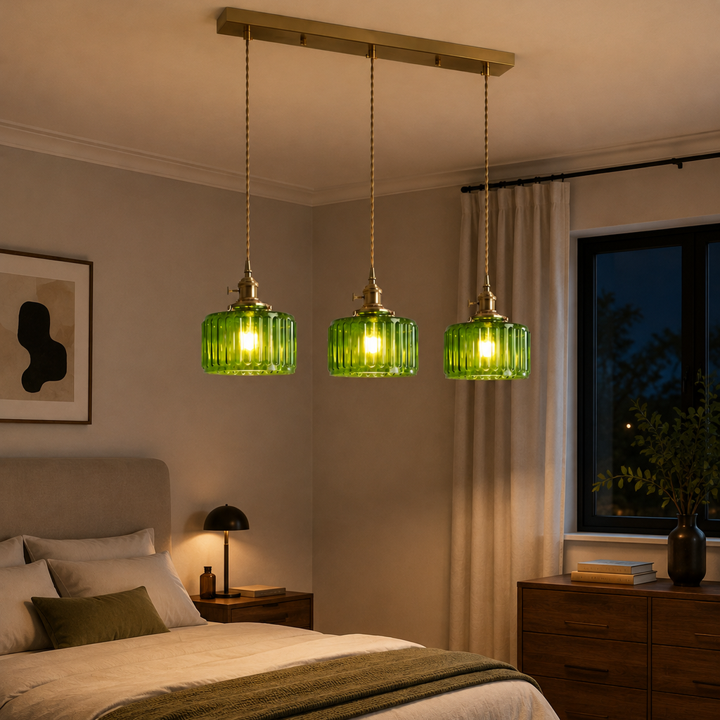 Ribbed Glass Pendant Light - 3-Light Linear Bar