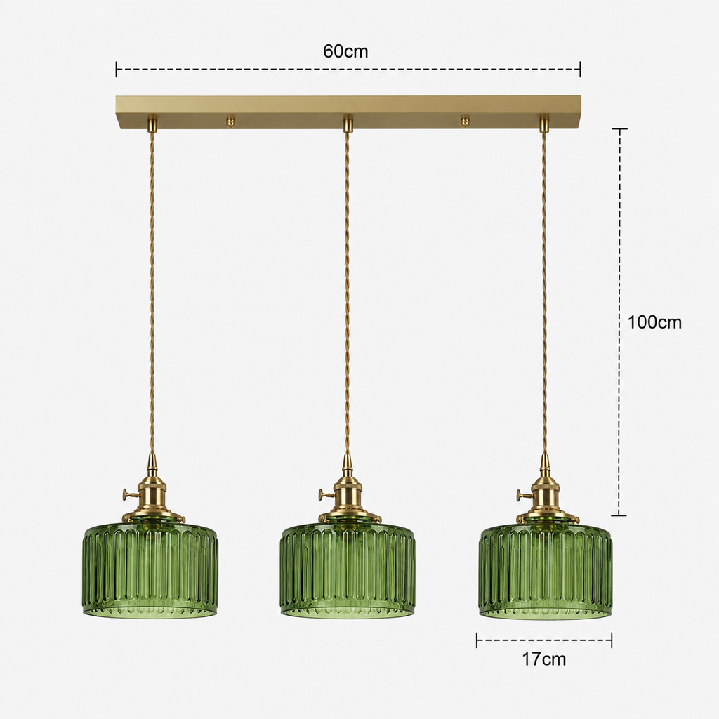 Ribbed Glass Pendant Light - 3-Light Linear Bar