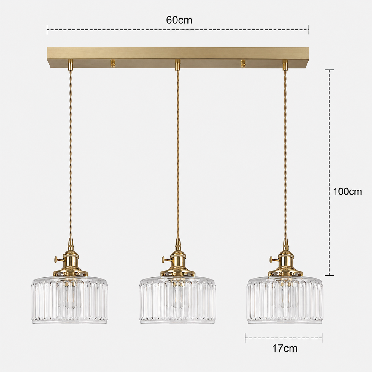 Ribbed Glass Pendant Light - 3-Light Linear Bar