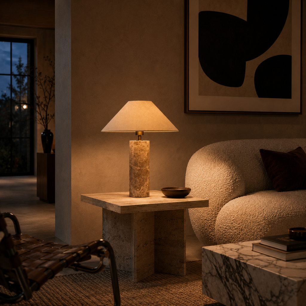 Marble Table Lamp - Nordic Cylindrical White Fabric Lamp