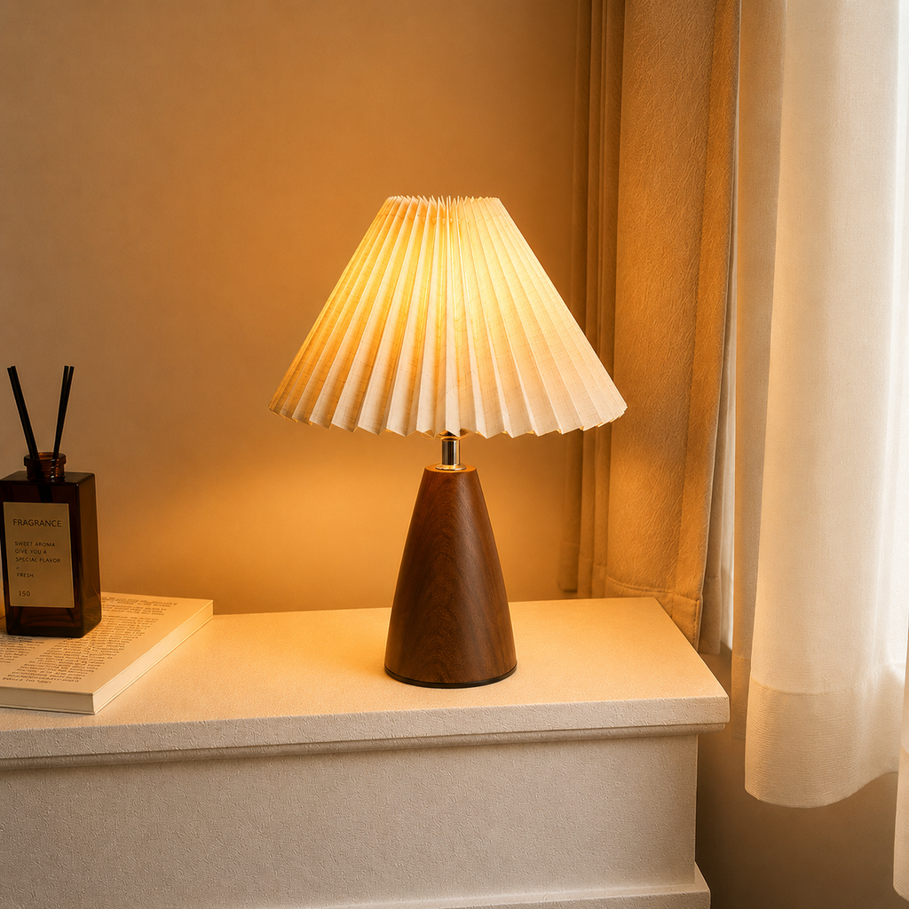 Pleated Table Lamp - Retro Walnut  Bedside Lamp