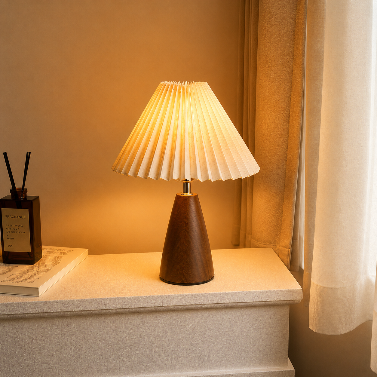 Pleated Table Lamp - Retro Walnut  Bedside Lamp
