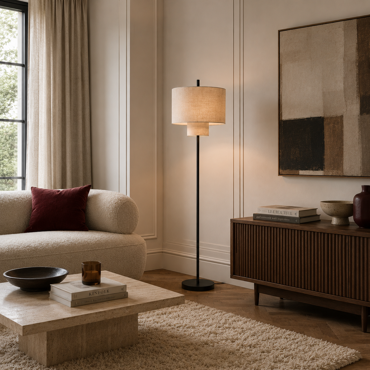 Pebble floor lamp beside a linen sofa in a living room