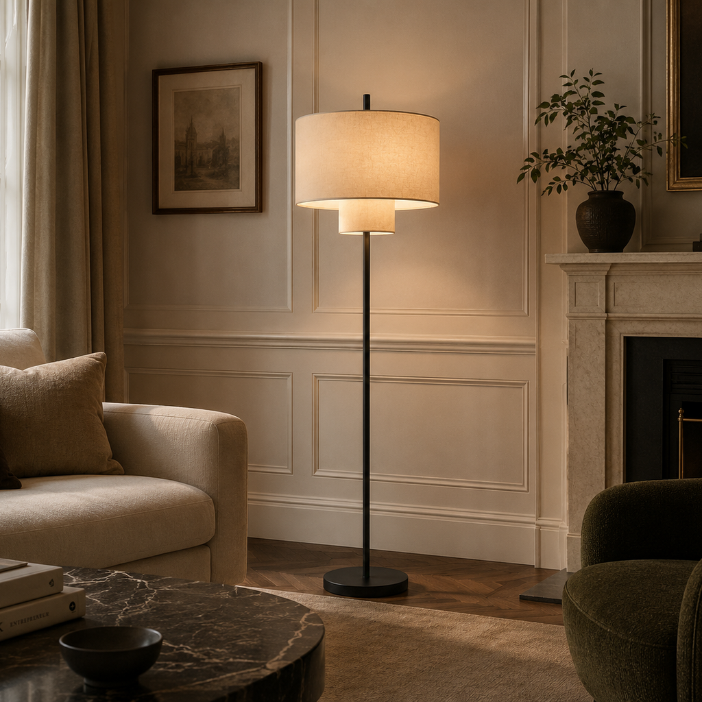 Pebble floor lamp in a warm living room beside a console
