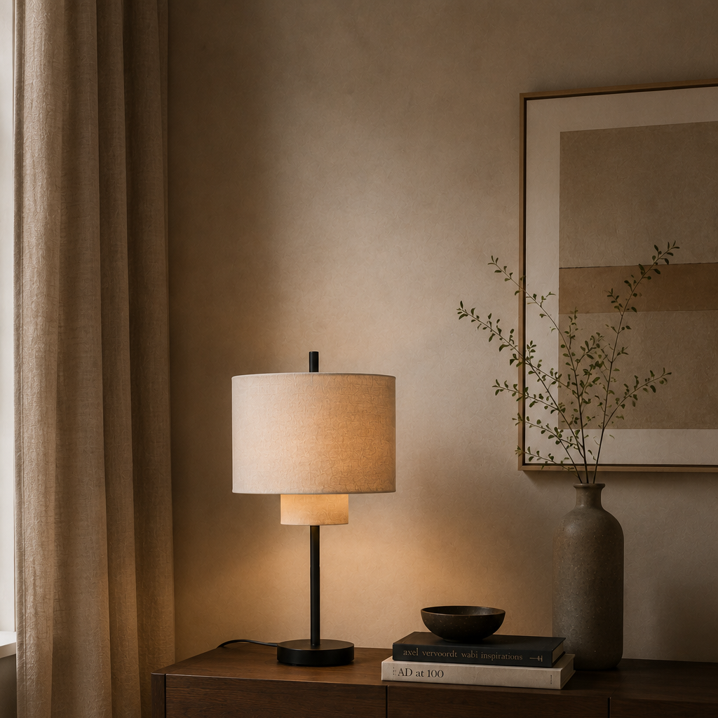 Layered pebble-shade table lamp on a bedside table