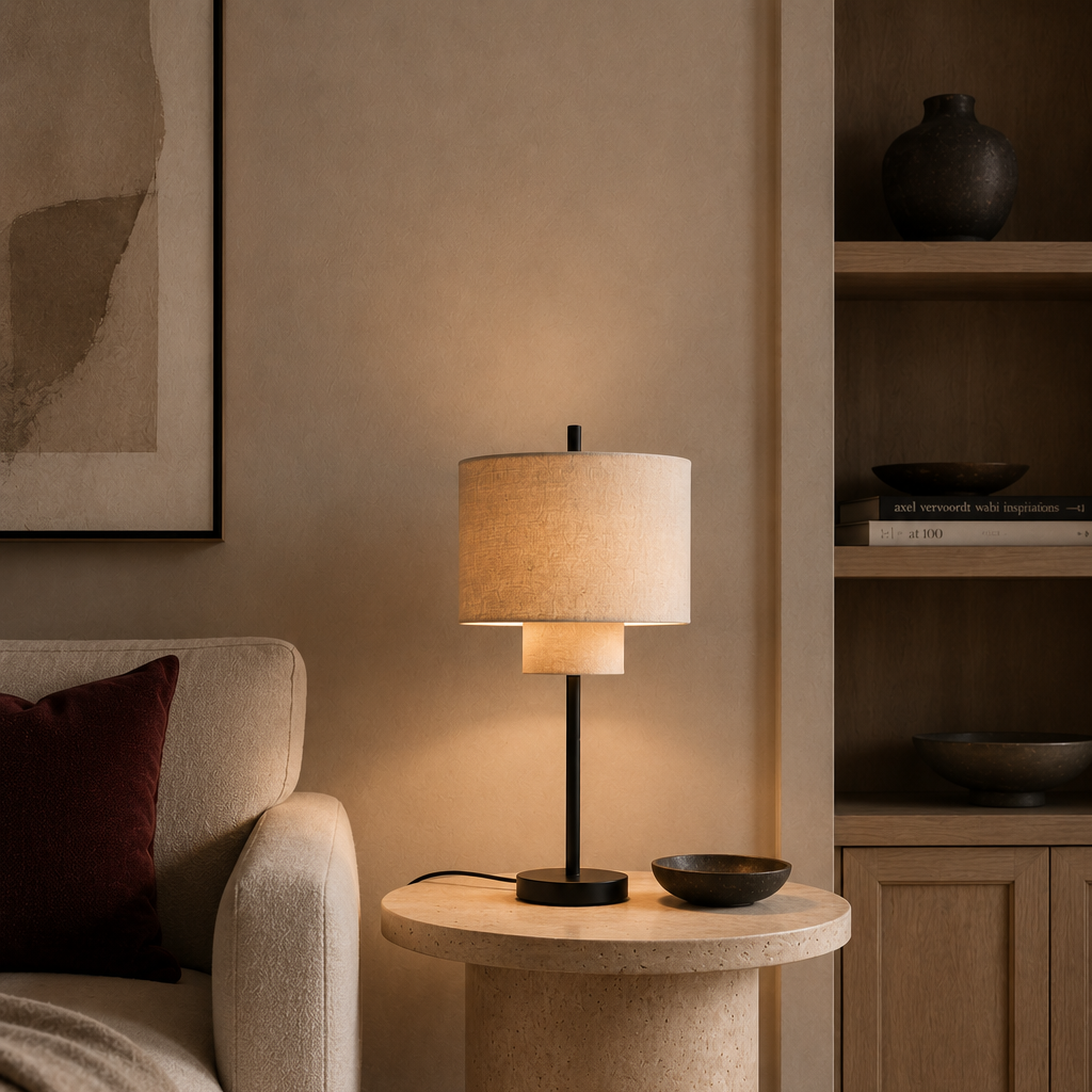 Layered pebble-shade table lamp on a round side table