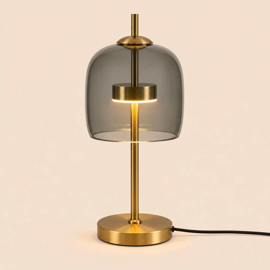 Smoked Glass Dome Table Lamp | Brass Stem, 18/24 cm, Amber Grey or Clear