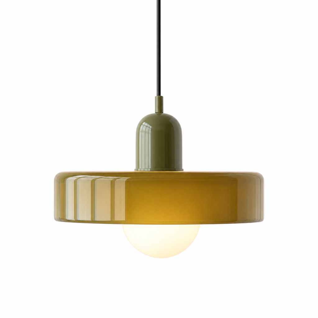 Bauhaus Glass Pendant Light | Tinted Disc & Opal Globe, 25 cm, 4 Colourways
