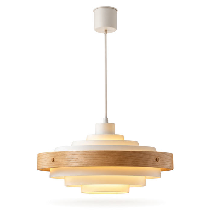 Tiered Pendant Light | Stepped Metal Shade with Wood Band, 40 cm, Walnut or Oak, Black or White