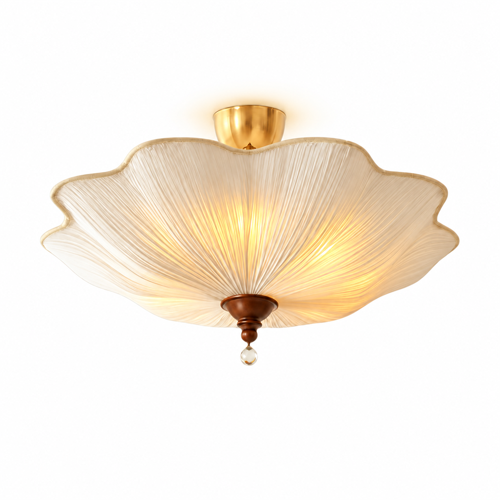 Pleated Scalloped Ceiling Light | Triple Semi-Flush Fabric Shade, 50/60 cm, Bedroom