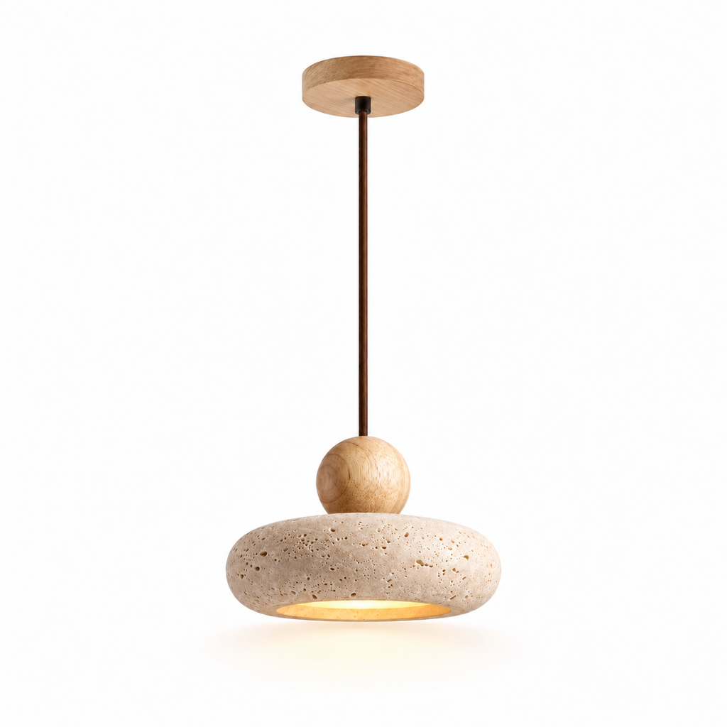 Travertine Donut Pendant Light | Natural Stone 15cm, Walnut or Light Wood, Wabi Sabi