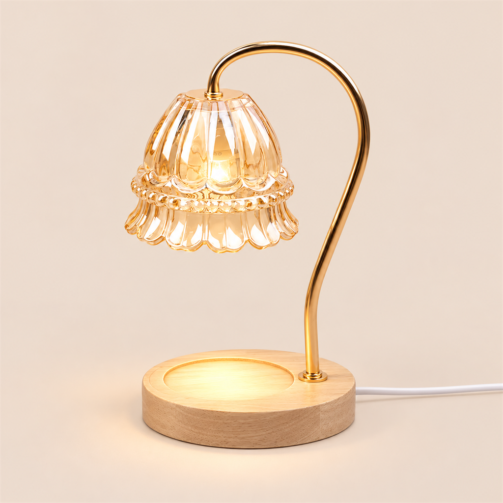 Flower Glass Candle Warmer Lamp | Brass Arm & Wood Base, 5 Shade Colours