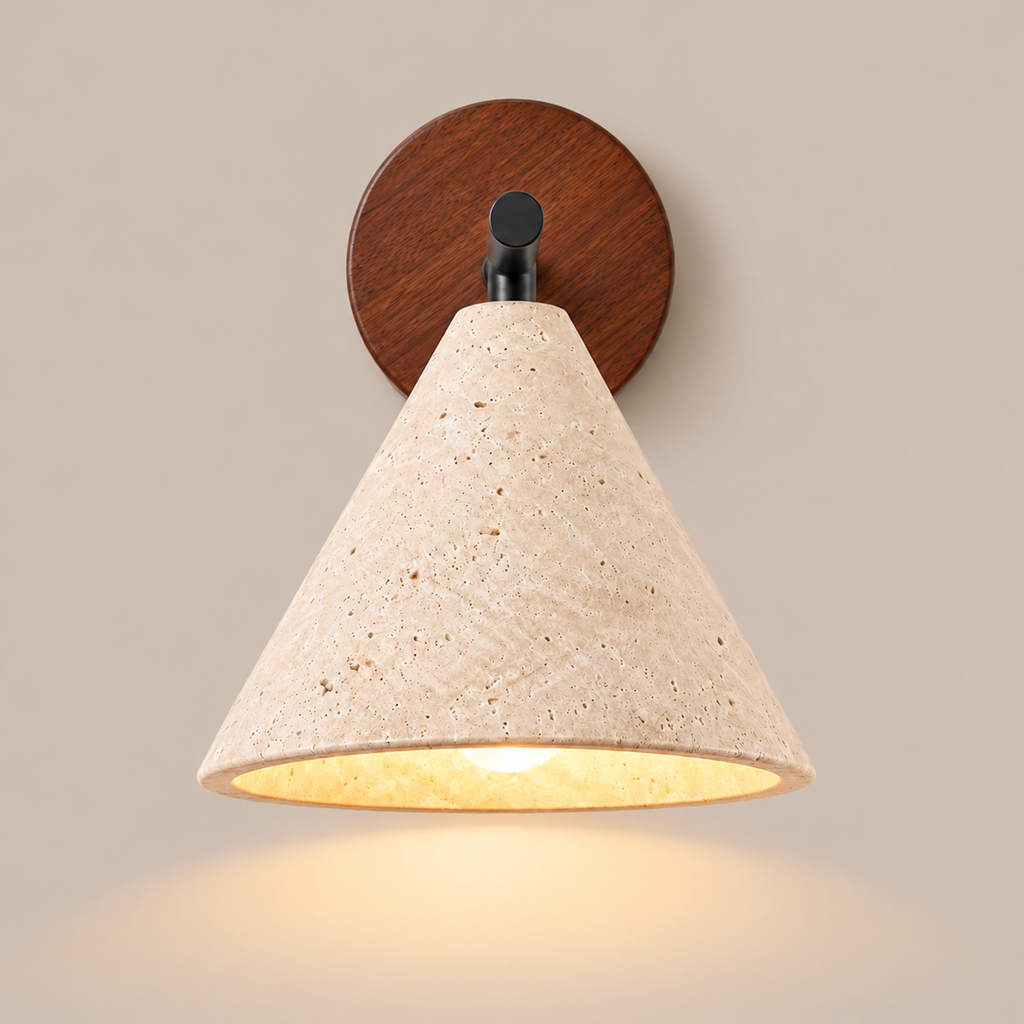 Travertine Cone Wall Light | Natural Stone Wabi-Sabi Sconce, Bedside & Hallway