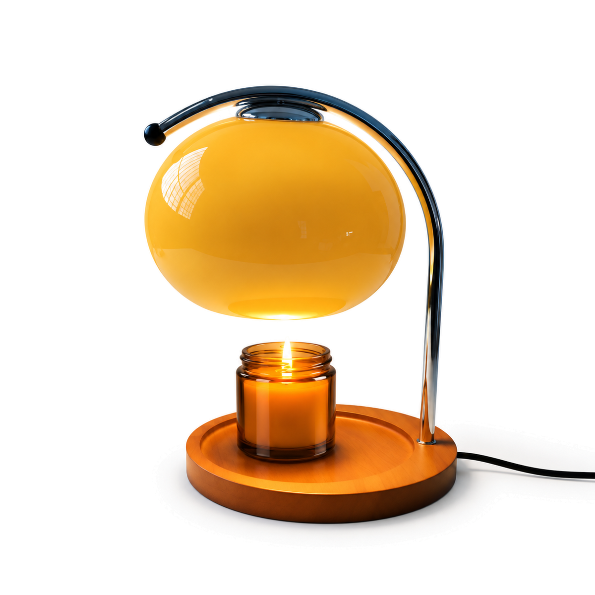 Retro Glass Candle Warmer Lamp | Dimmable Dome Shade, Wood Base, Milky White, Orange or Yellow