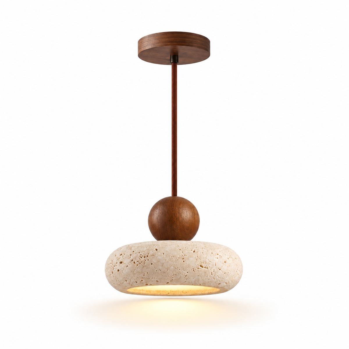 Travertine Donut Pendant Light | Natural Stone 15cm, Walnut or Light Wood, Wabi Sabi