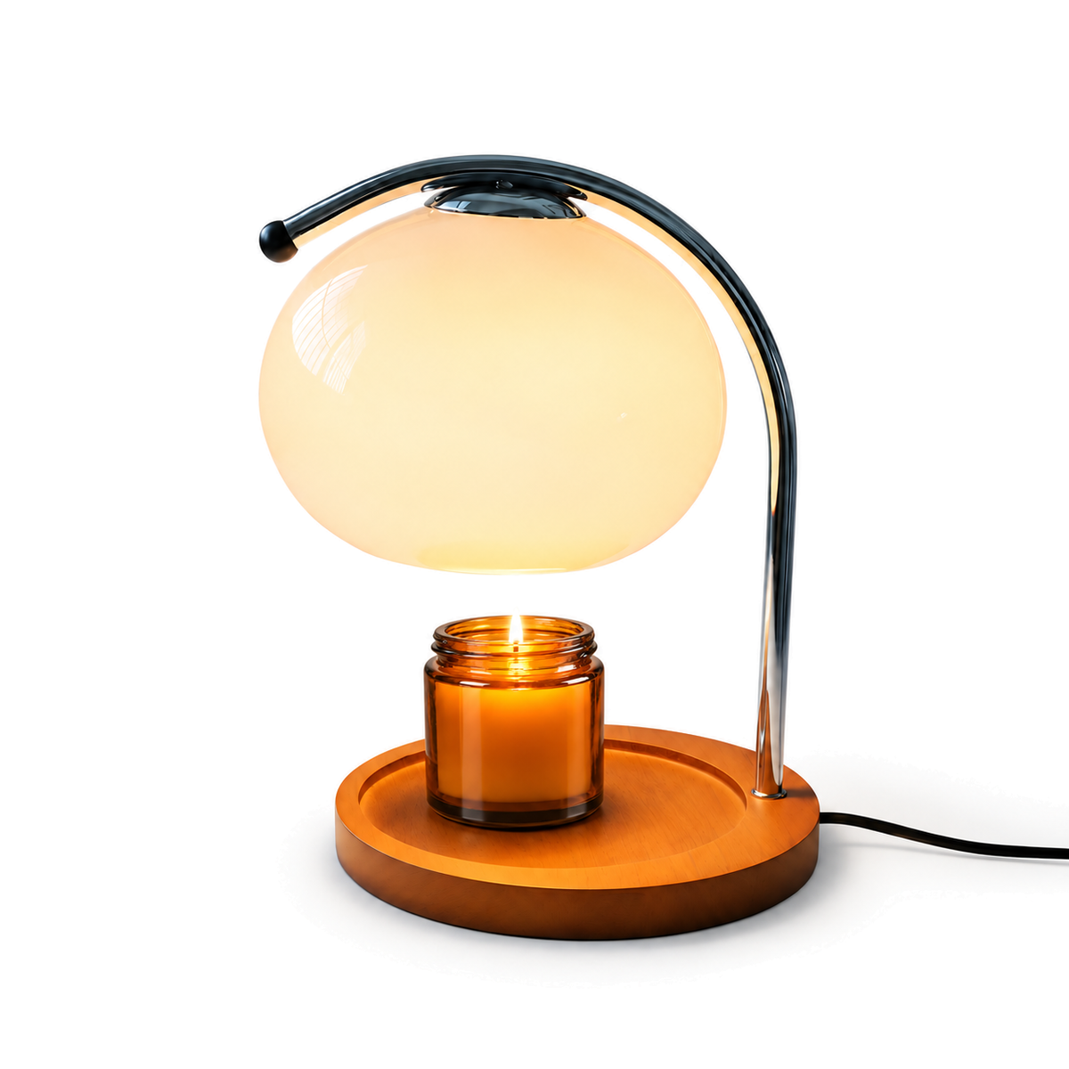 Retro Glass Candle Warmer Lamp | Dimmable Dome Shade, Wood Base, Milky White, Orange or Yellow