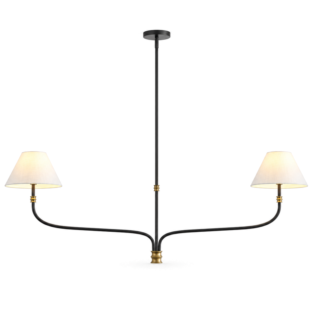Black & Brass Chandelier | White Fabric Shades, 2 or 6 Arms, 130 cm Wide, Adjustable Rod