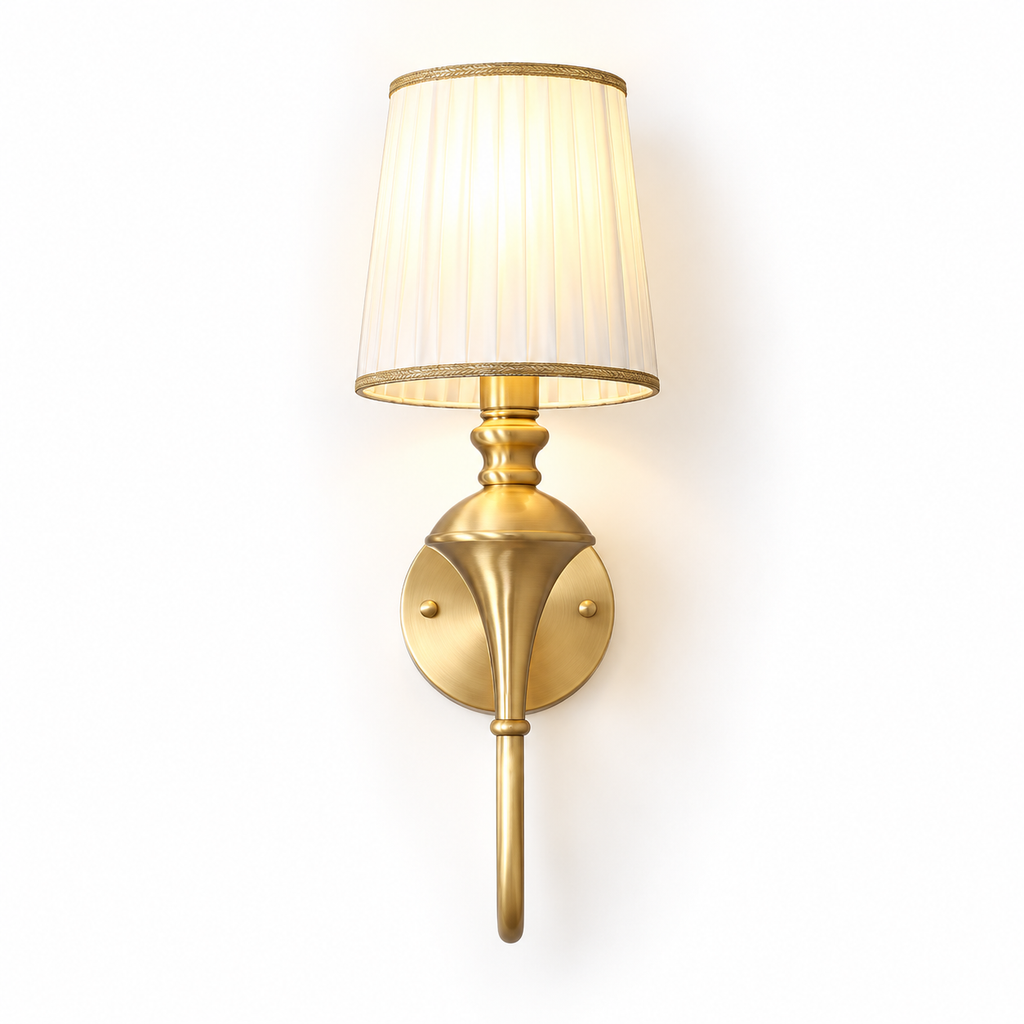 Brass Double Wall Light | Pleated Fabric Shades with Braided Trim, Twin E14, 38 x 46 cm