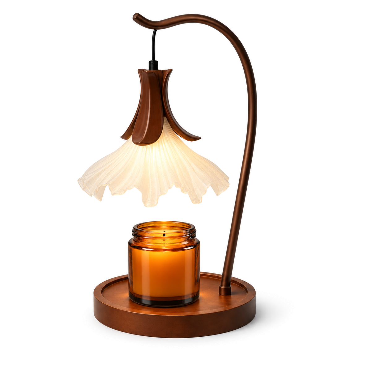 Flower Candle Warmer Lamp | Petal Shade, Curved Arm, Wood Base, 3-Colour Light, 36 cm, UK Plug