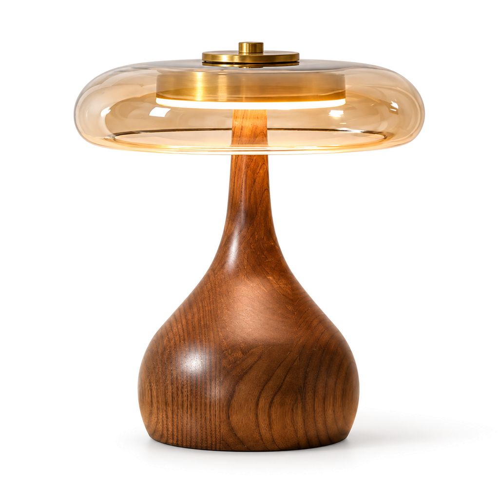 Amber Glass Table Lamp | Teardrop Wood Base & Brass Cap, 22 cm Shade, 24.5 or 31.5 cm Tall