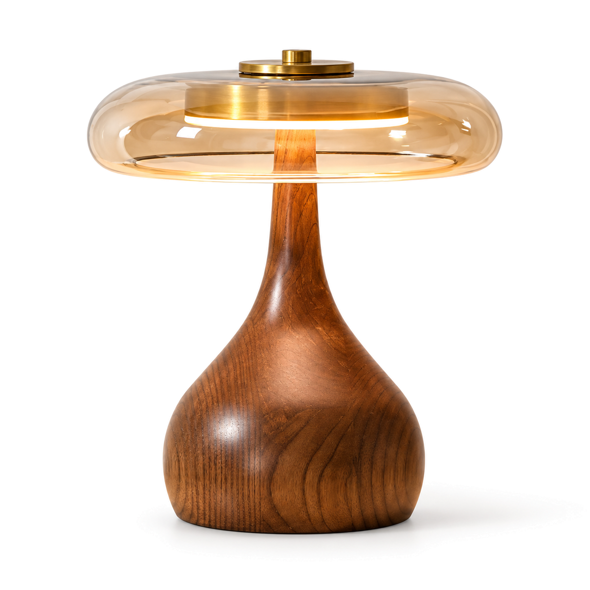 Amber Glass Table Lamp | Teardrop Wood Base & Brass Cap, 22 cm Shade, 24.5 or 31.5 cm Tall