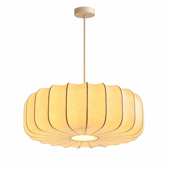 Fluted Silk Pendant Light | Scalloped Hem & Oak Canopy, 40 cm, Bedroom Ceiling Lamp