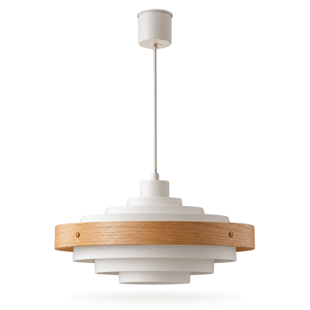 Tiered Pendant Light | Stepped Metal Shade with Wood Band, 40 cm, Walnut or Oak, Black or White