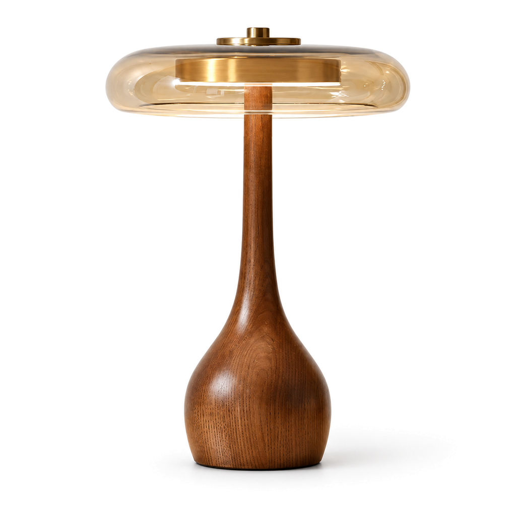 Amber Glass Table Lamp | Teardrop Wood Base & Brass Cap, 22 cm Shade, 24.5 or 31.5 cm Tall